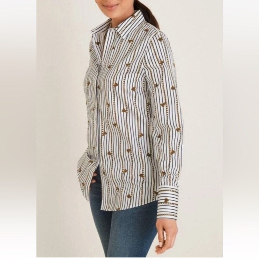 NWT Chico's No-Iron White Black Stripes Button Down Shirt Women Size 3 Preppy